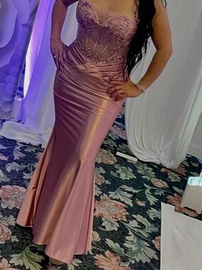 Rose Satin Mermaid Prom Gown with Beaded Corset